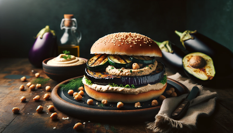 Przepis na Śródziemnomorskiego Burgera z pieczonym bakłażanem i hummusem