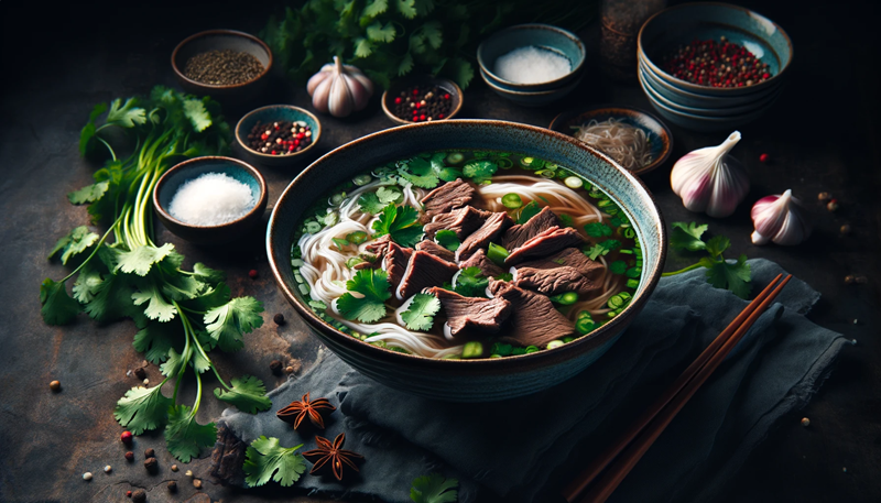 Wietnamska zupa pho z wołowiną i świeżą kolendrą