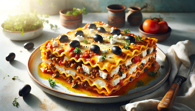 Lasagne z serem feta i oliwkami