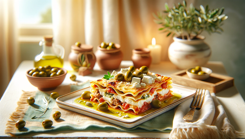 Lasagne z serem feta i zielonymi oliwkami