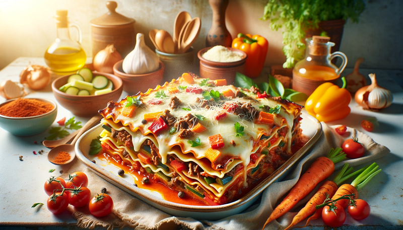 Lasagne z wołowiną i pieczonymi warzywami korzeniowymi