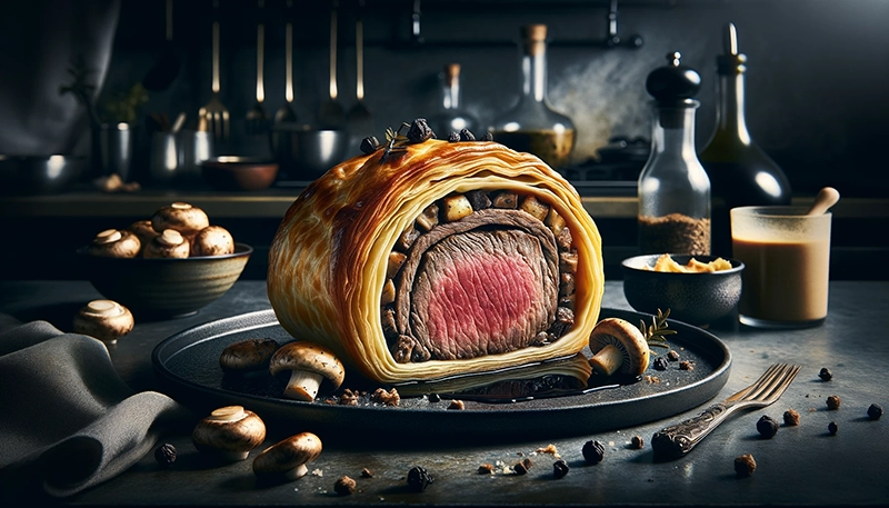 Beef Wellington – pieczeń wołowa w cieście francuskim z dodatkiem pieczarek i pate