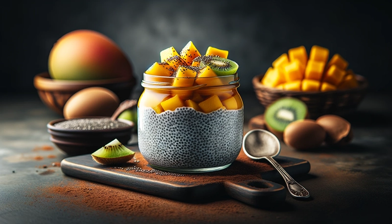 Pudding chia z mango i kiwi w słoiku