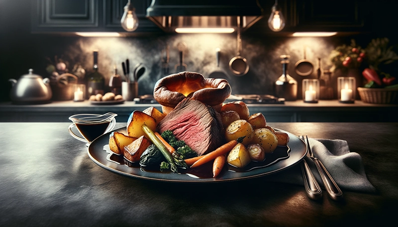 Roast Beef – pieczona wołowina podawana z yorkshire pudding, pieczonymi ziemniakami, warzywami i sosem