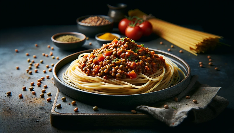 Spaghetti z sosem bolognese na bazie soczewicy