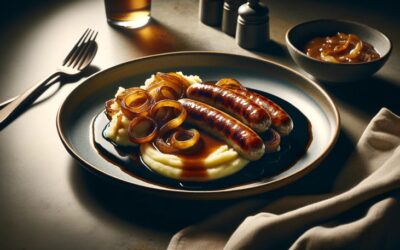 Bangers and Mash – kiełbaski podawane z puree ziemniaczanym i sosem cebulowym