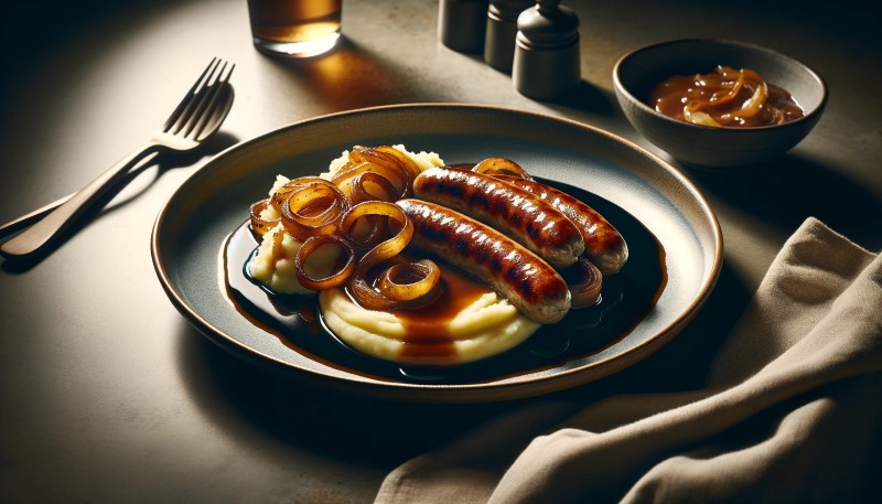 Bangers and Mash – kiełbaski podawane z puree ziemniaczanym i sosem cebulowym