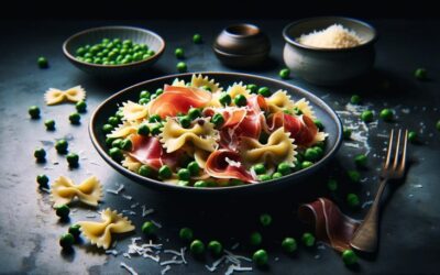 Farfalle z prosciutto i groszkiem