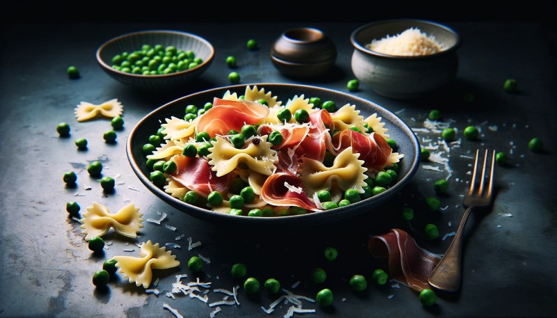 Farfalle z prosciutto i groszkiem