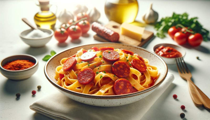 Fettuccine z sosem pomidorowym i chorizo