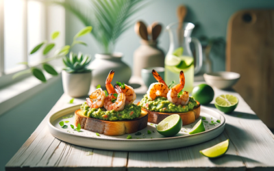 Grzanki z grillowanymi krewetkami, guacamole i limonką