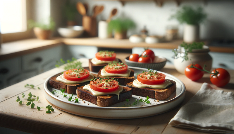 Przepis na Grzanki z wegańskim serem i pomidorami na chlebie żytnim