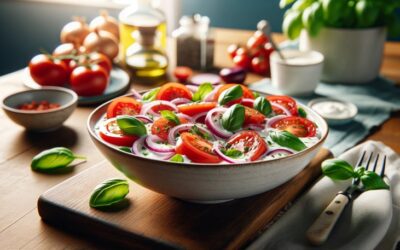 Surówka z pomidorów, cebuli i bazylii w jogurcie naturalnym