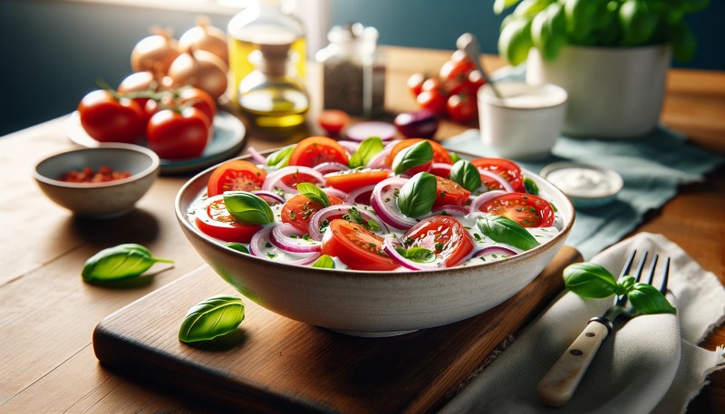 Przepis na Surówkę z pomidorów, cebuli i bazylii w jogurcie naturalnym
