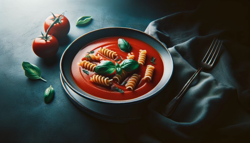 Zupa pomidorowa z fusilli i bazylią