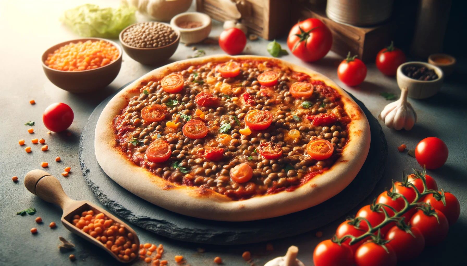 Pizza z soczewicą i pikantnym sosem pomidorowym